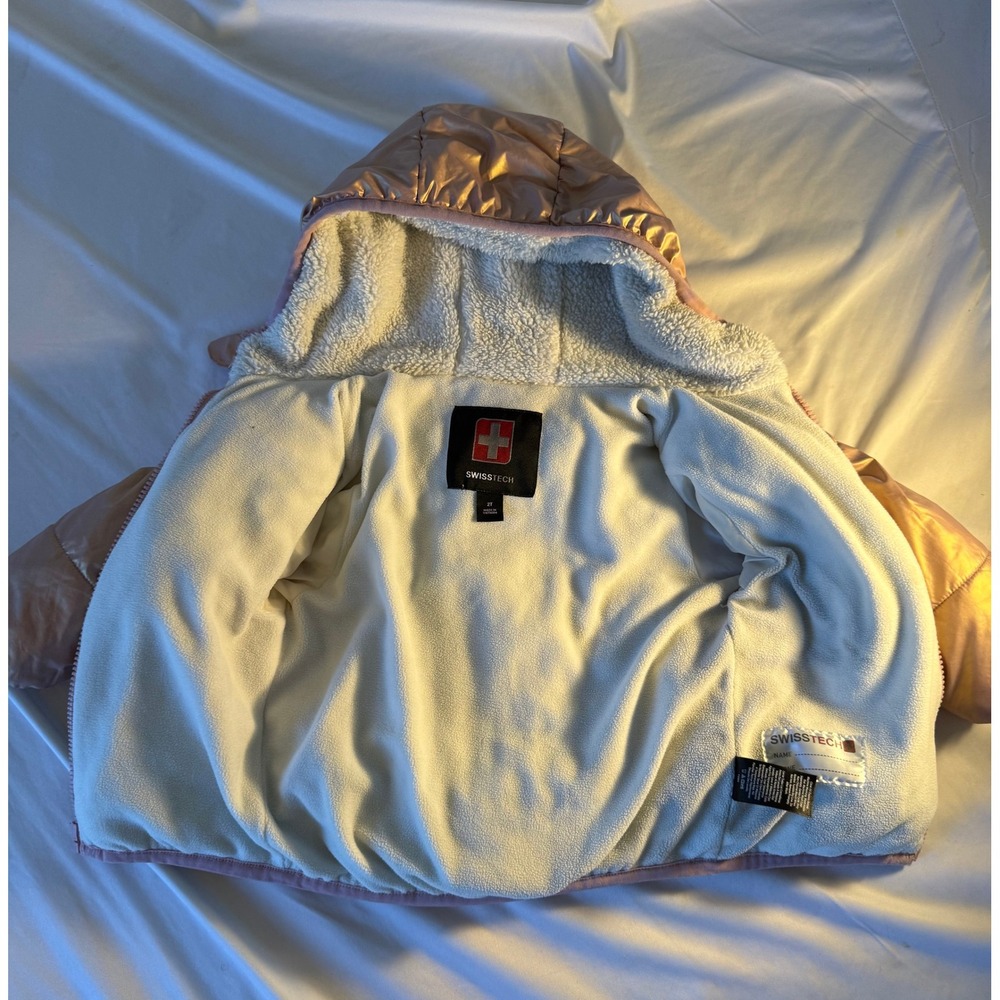 Swiss Tech Toddler Girls Metallic Rose Gold Puffer Jacket Sherpa Lined Size 2T - Picture 4 of 4